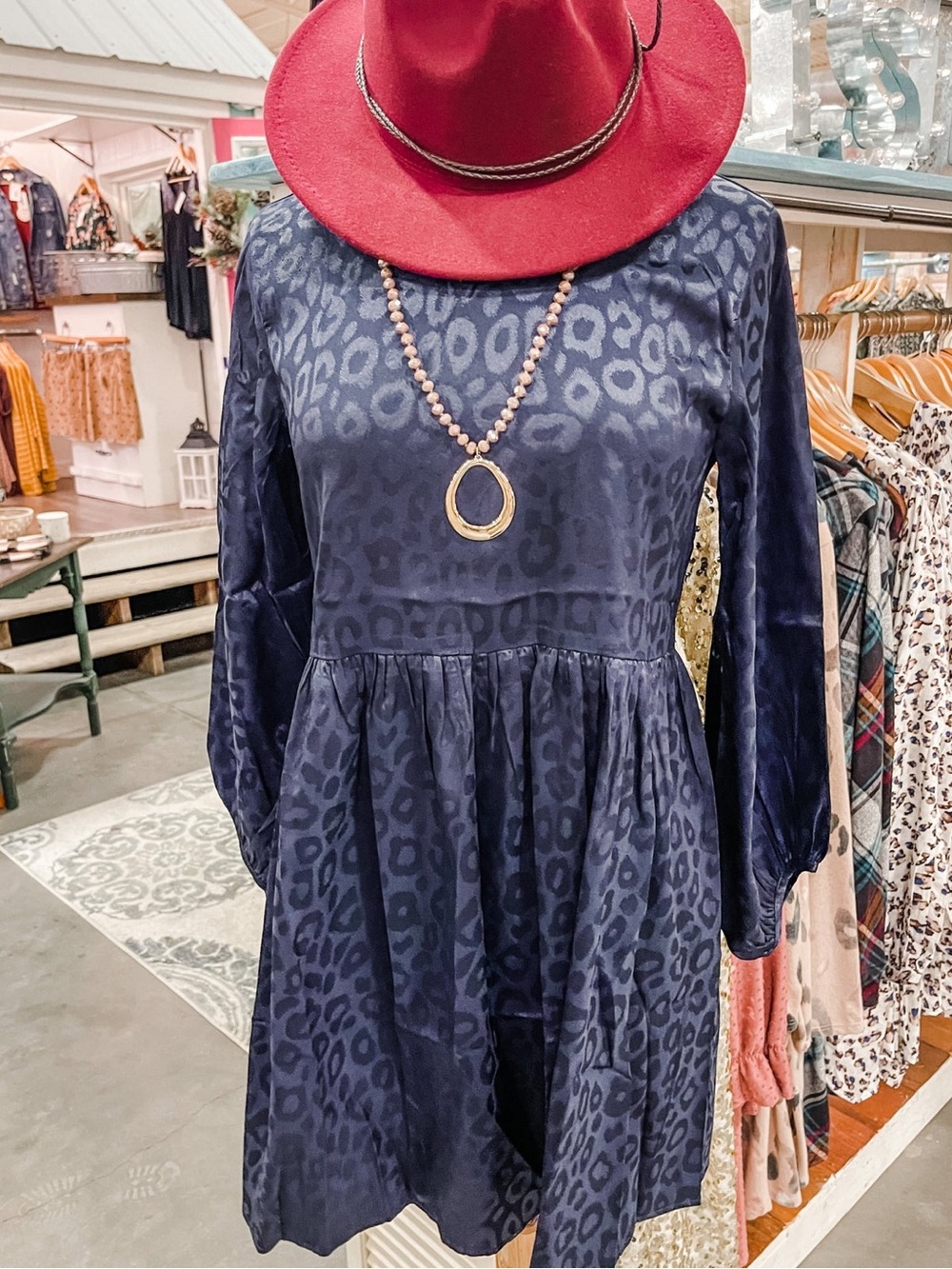 Umgee Navy Satin Leopard Jacquard Dress